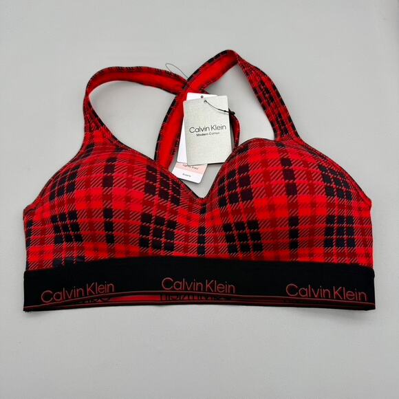Calvin Klein Bralette Womens Small Red Black Tartan Plaid - Picture 1 of 5